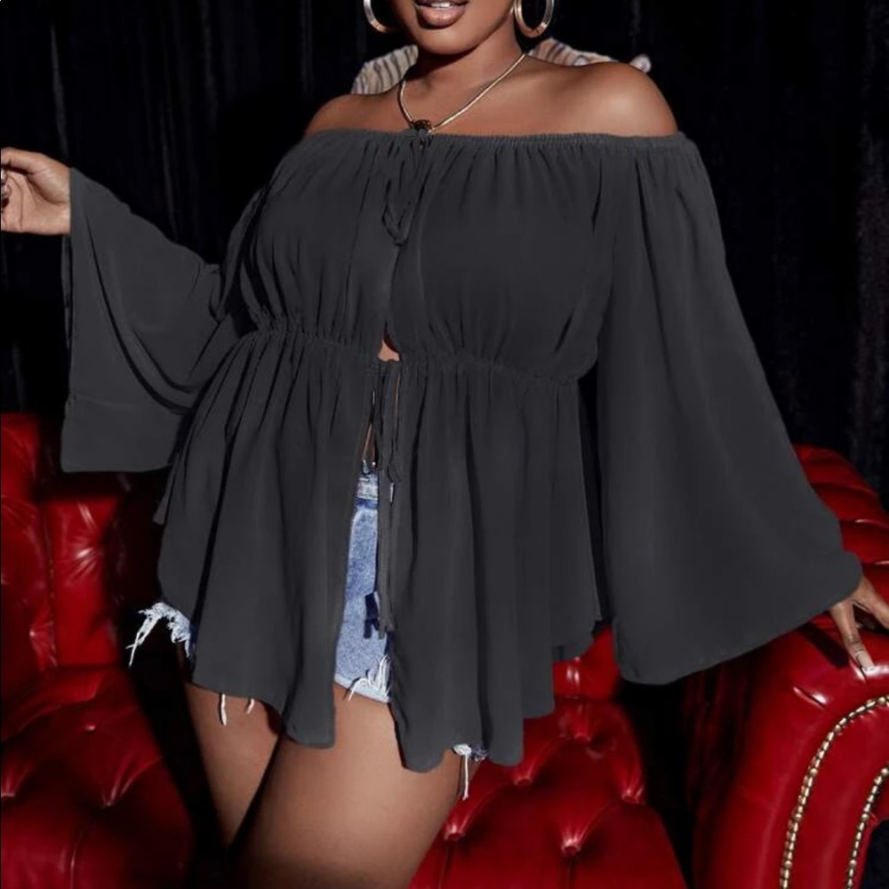 Boho Plus Size Off Shoulder Open Front Top Blouse Black - Picture 5 of 8